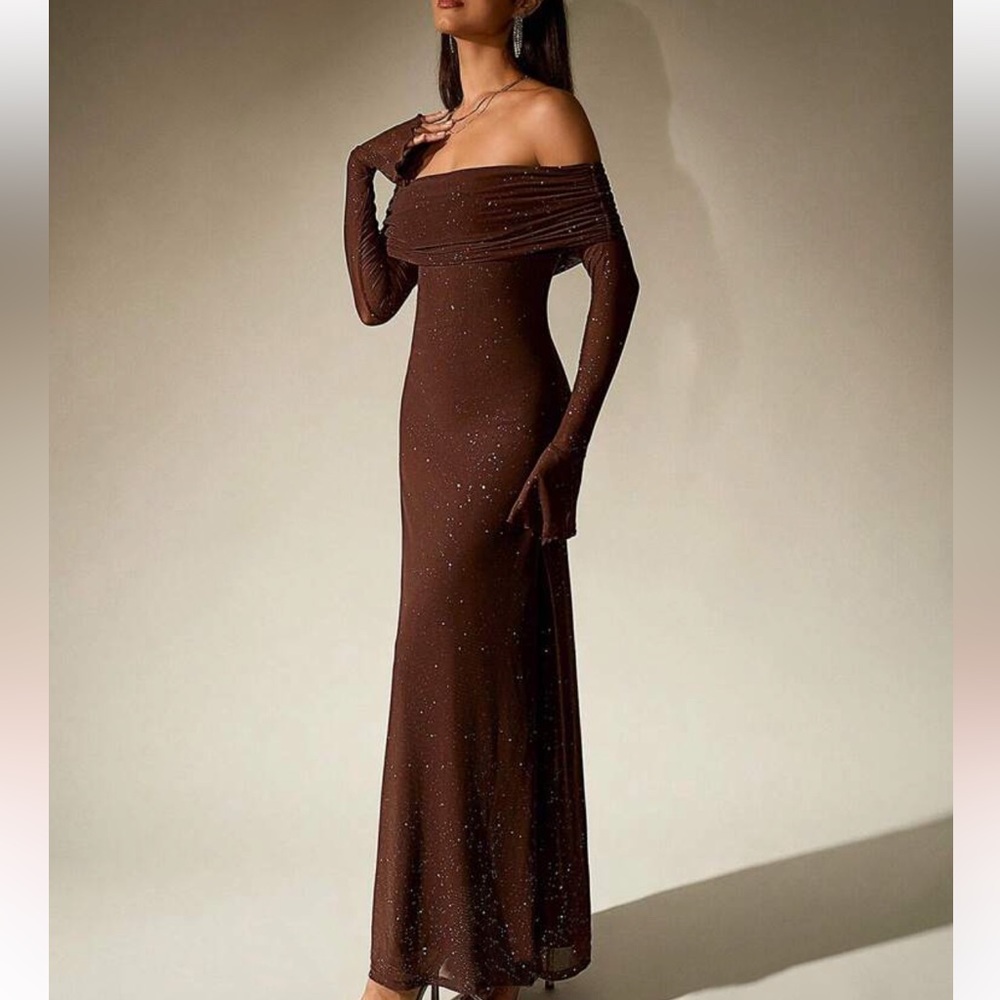 Elegant Brown Off-Shoulder Dress